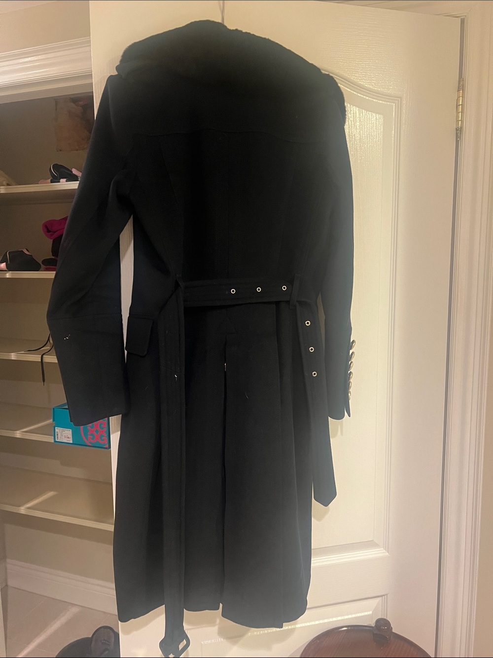 Burberry Black Double-Breasted Wool Pea Coat with Fur Collar - Picture 6 of 8